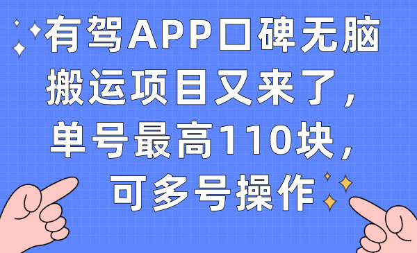 《有驾APP口碑无脑搬运项目》单号最高110块，可多号操作-海南千川网络科技