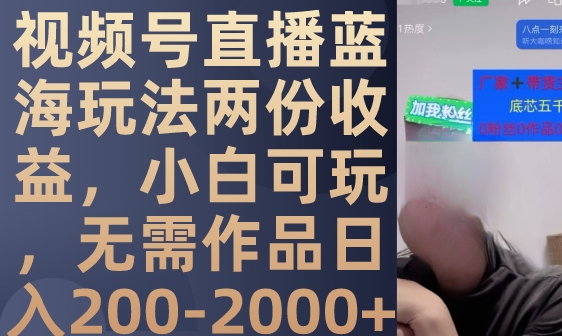 视频号直播蓝海玩法两份收益，小白可玩，无需作品日入200-2000+-海南千川网络科技