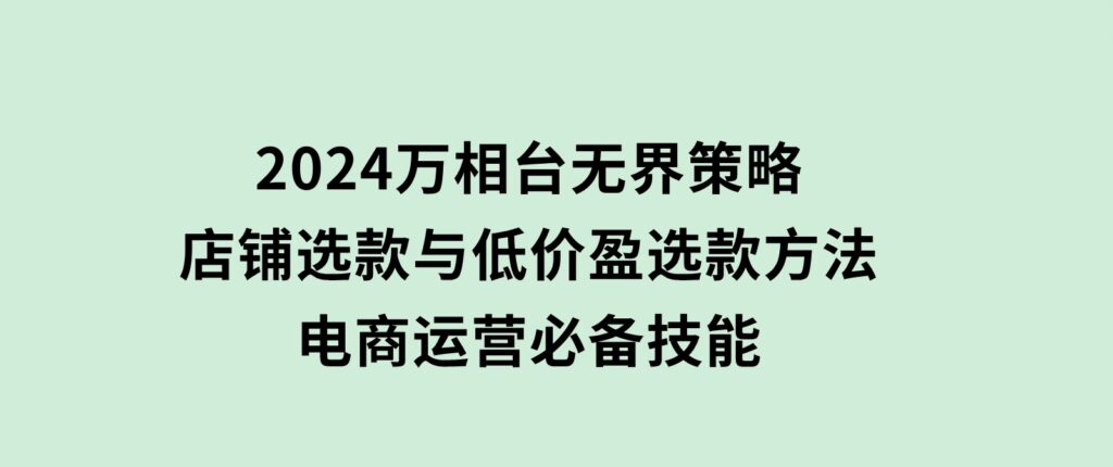 2024万相台无界策略，店铺选款与低价盈选款方法，电商运营必备技能-海南千川网络科技